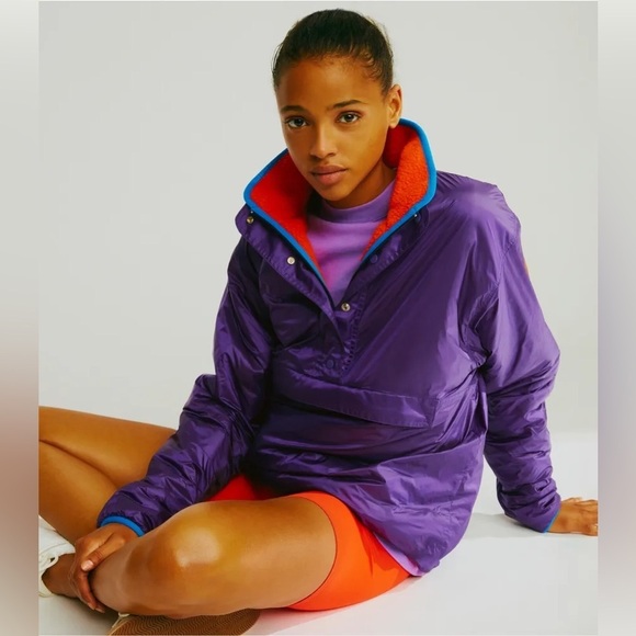 Tory Burch REVERSIBLE NYLON FLEECE PULLOVER JACKET Purple Orange Sz XS - Picture 1 of 16